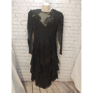 Black Tie VINTAGE Women's Size 8 Black Silk & Chiffon with Appliques Maxi Dress